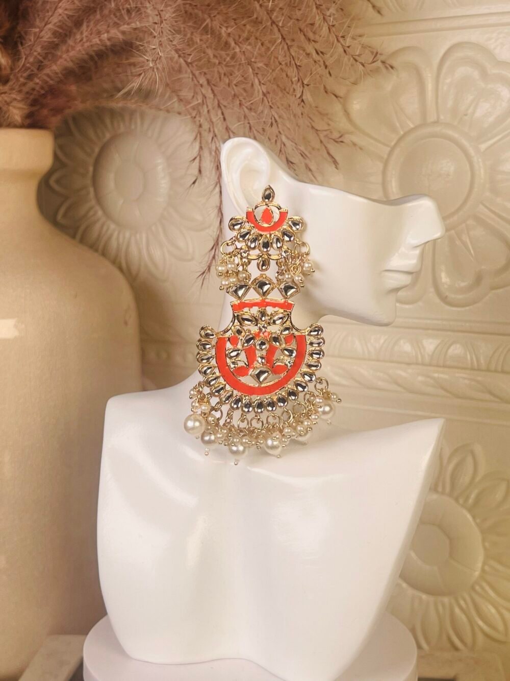Kundan chandelier earrings – affordable South Asian jewelry – top view Kundan chandelier earrings – budget party wear jewelry – close-up