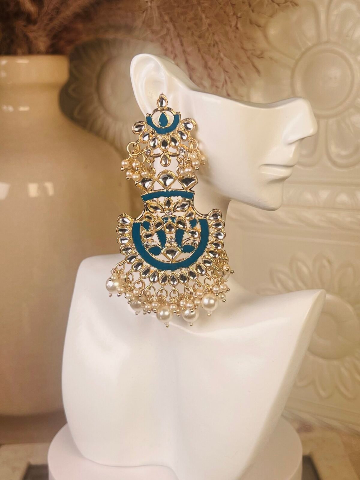 Kundan chandelier earrings – affordable South Asian jewelry – top view Kundan chandelier earrings – budget party wear jewelry – close-up