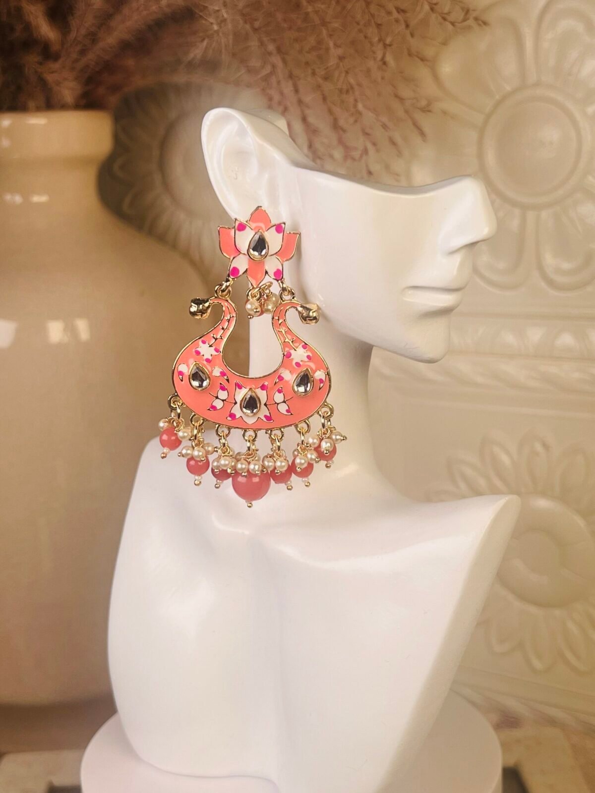 Kundan chandelier earrings – affordable South Asian jewelry – top view Kundan chandelier earrings – budget party wear jewelry – close-up