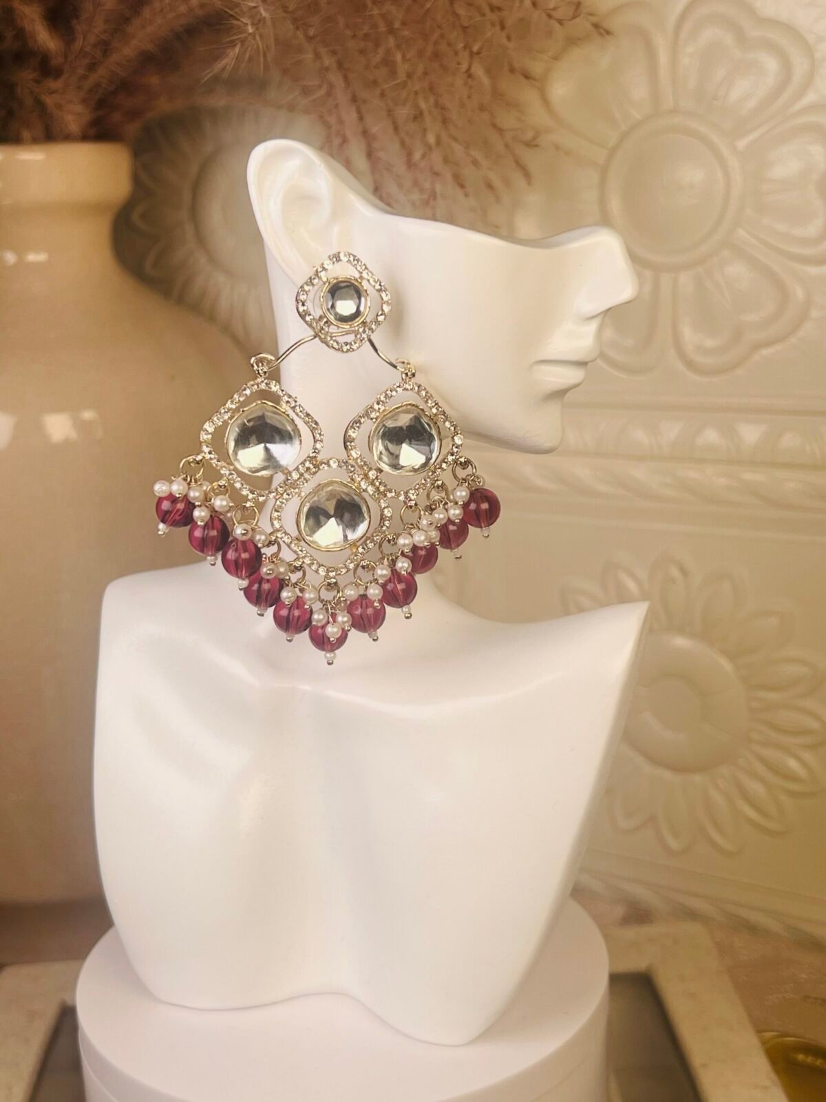 Kundan chandelier earrings – affordable South Asian jewelry – top view Kundan chandelier earrings – budget party wear jewelry – close-up