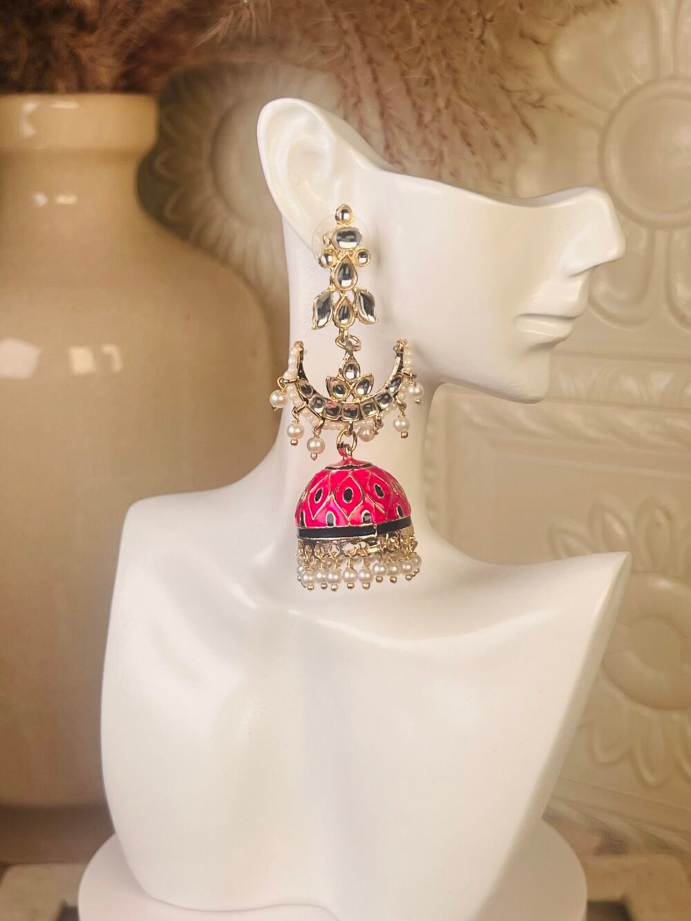 Kundan chandelier earrings – affordable South Asian jewelry – top view Kundan chandelier earrings – budget party wear jewelry – close-up