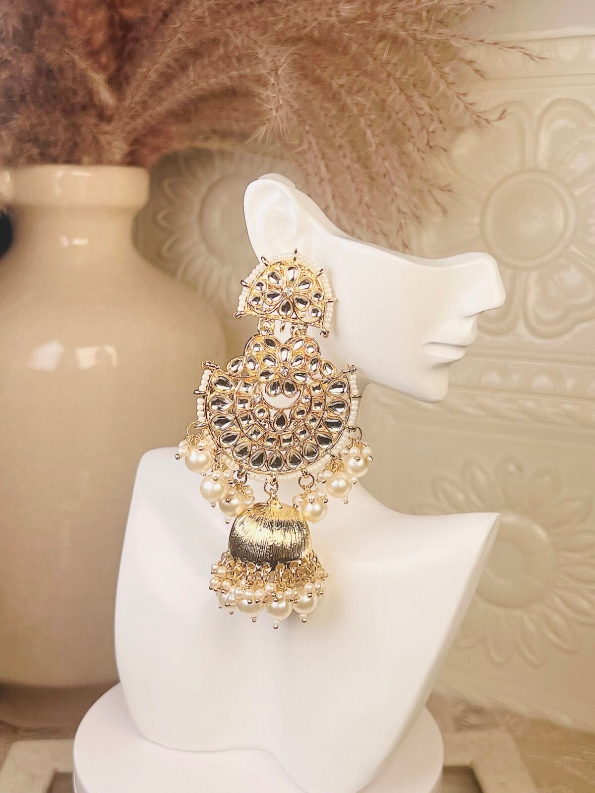 Gold Kundan earrings – budget-friendly South Asian jewelry – side profile Silver Pearl earrings – cheap South Asian bridal jewelry – front view