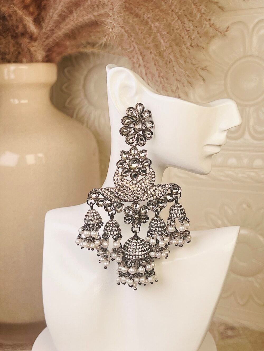 Gold Kundan earrings – budget-friendly South Asian jewelry – side profile Silver Pearl earrings – cheap South Asian bridal jewelry – front view