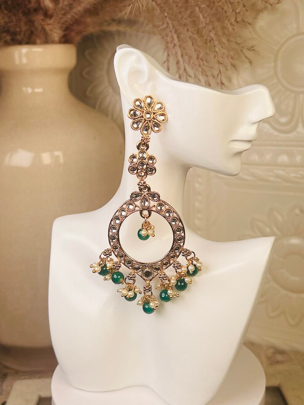 Gold Kundan earrings – budget-friendly South Asian jewelry – side profile Silver Pearl earrings – cheap South Asian bridal jewelry – front view