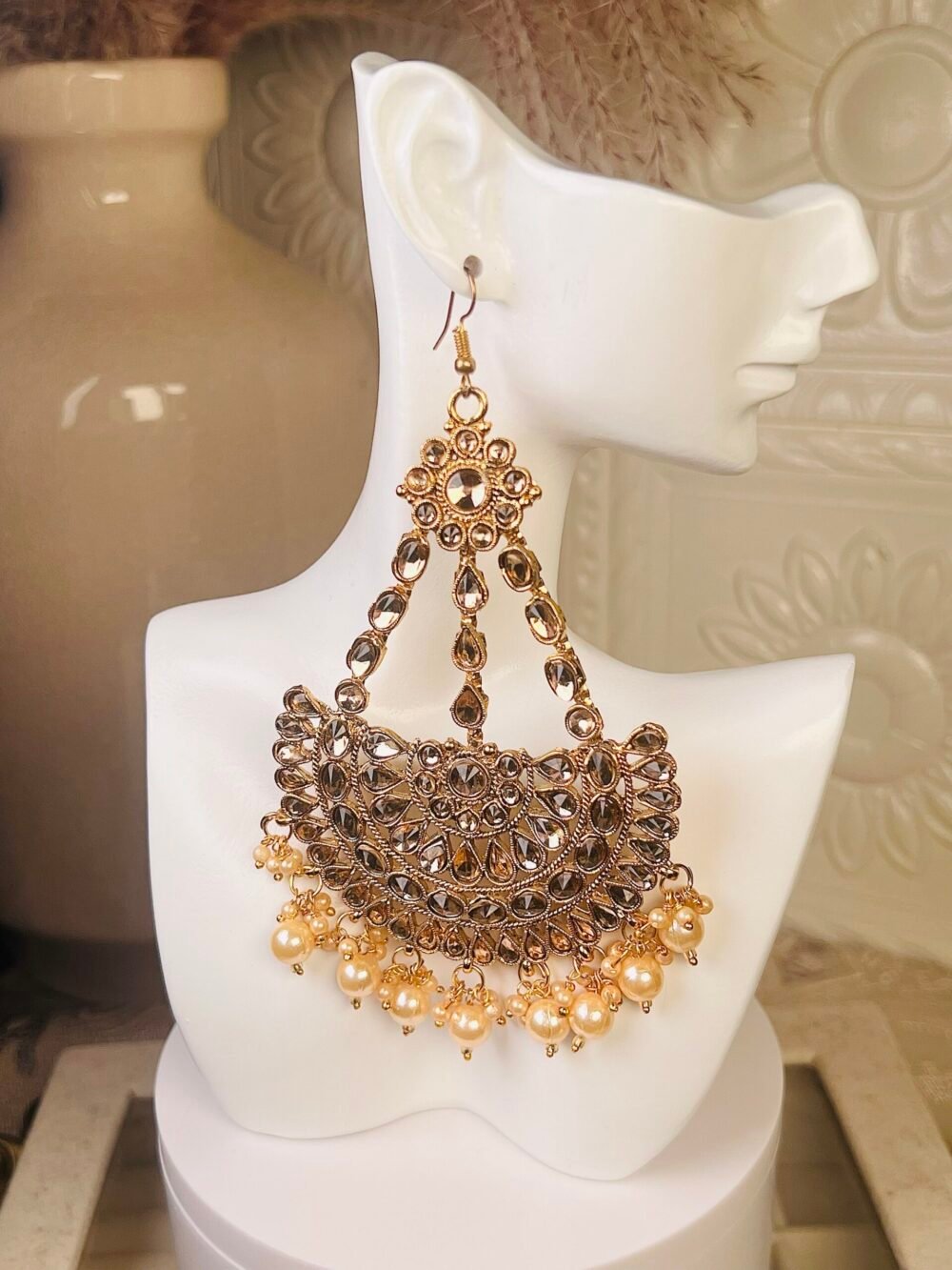 Gold Kundan earrings – budget-friendly South Asian jewelry – side profile Silver Pearl earrings – cheap South Asian bridal jewelry – front view