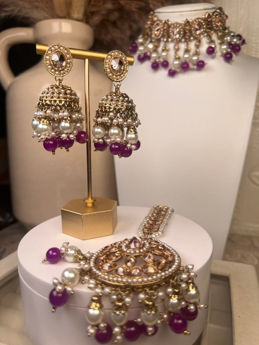 purple Kundan jhumkas and necklace sets – affordable bridal jewelry – front view