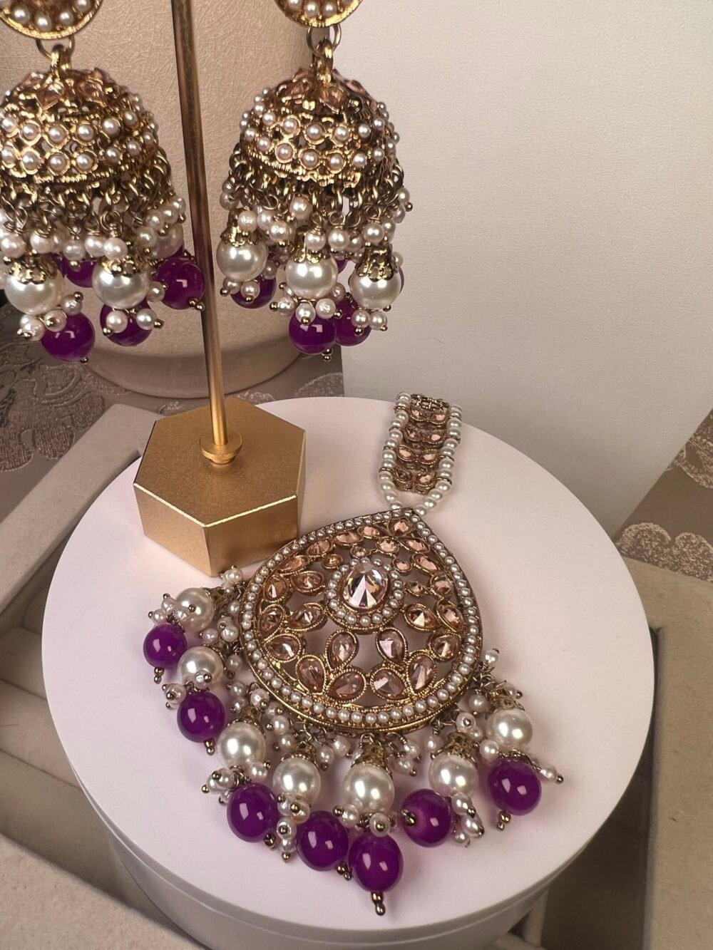 purple Kundan jhumkas and necklace sets – affordable bridal jewelry – front view