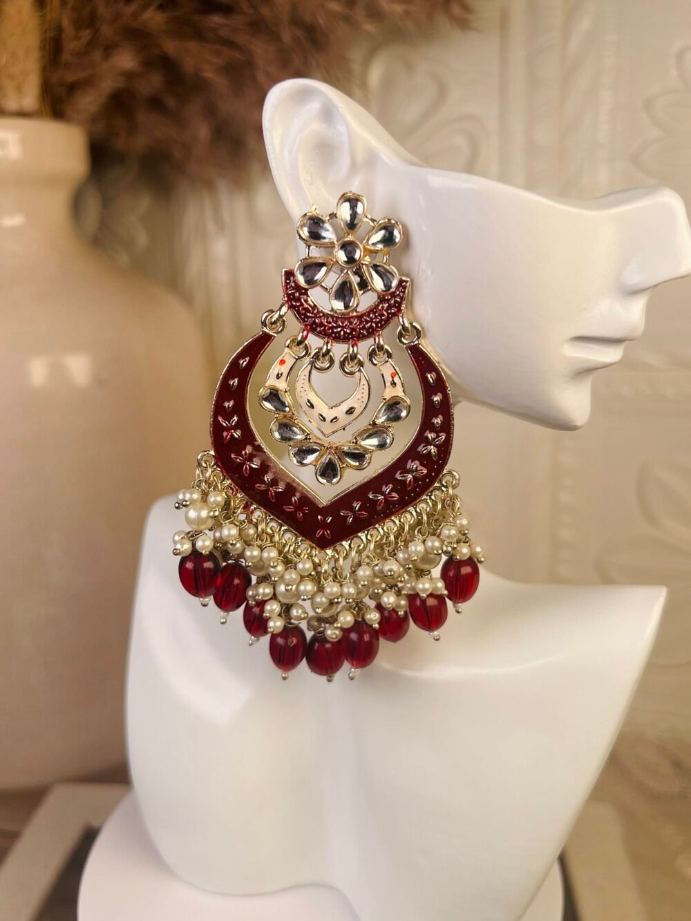 Kundan drop earrings – affordable South Asian bridal jewelry – side angle  Kundan drop earrings – cheap South Asian jewelry – close-up view