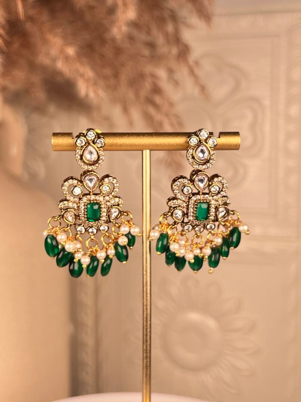 Pearl and Gold necklace set – affordable bridal jewelry – front view, Kundan jhumkas – affordable South Asian jewelry – wedding collection – front view