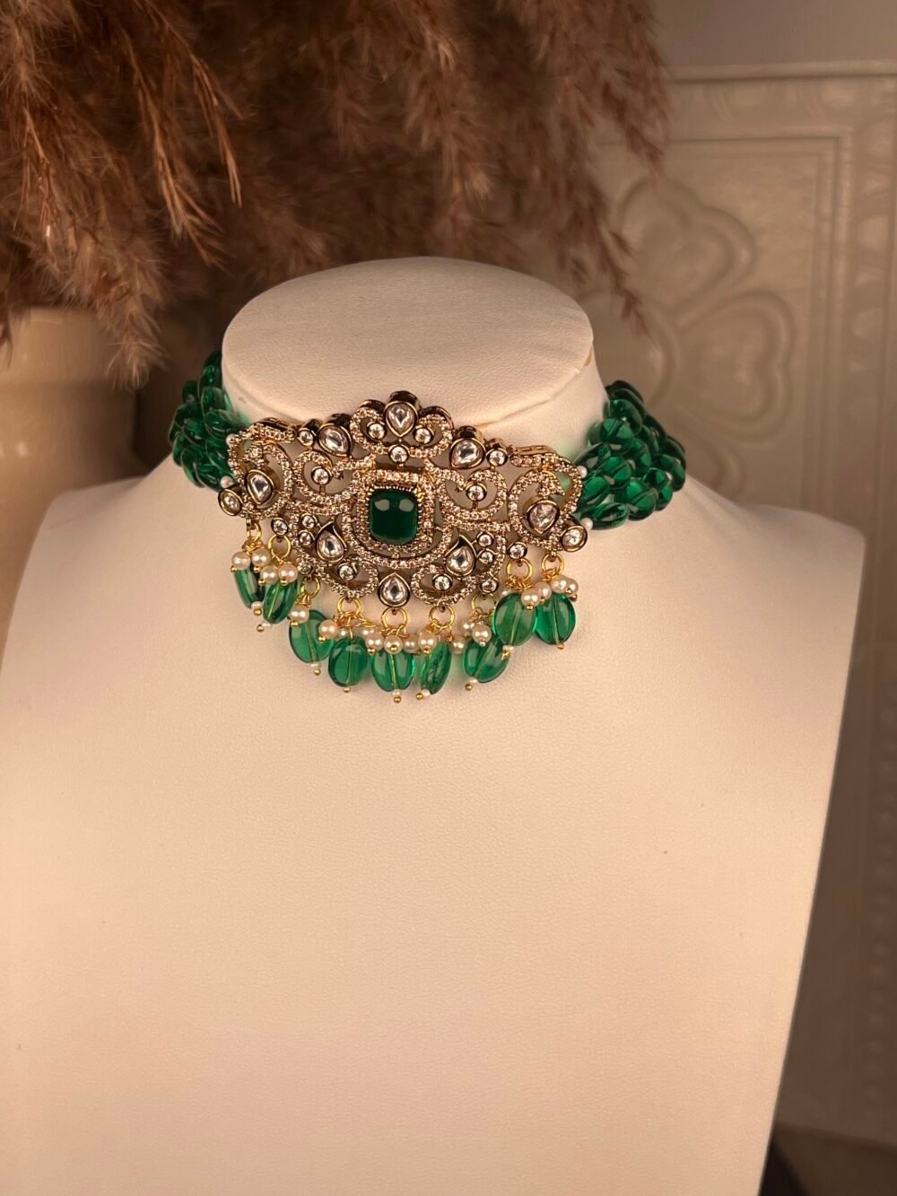 Pearl and Gold necklace set – affordable bridal jewelry – front view, Kundan jhumkas – affordable South Asian jewelry – wedding collection – front view