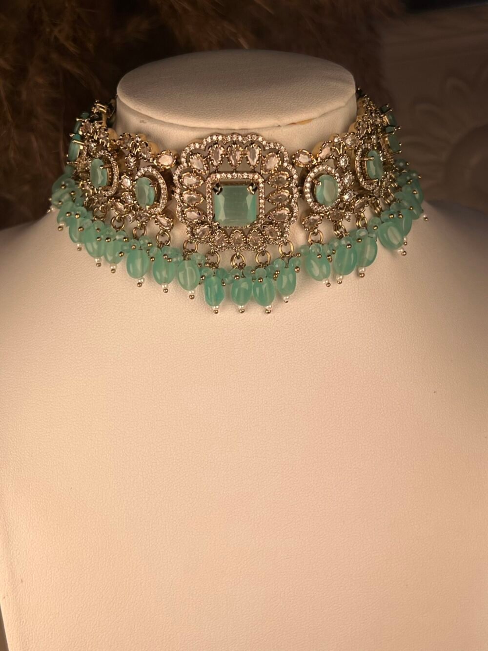 Designer Victorian multi-stone necklace set – South Asian jewelry – top view