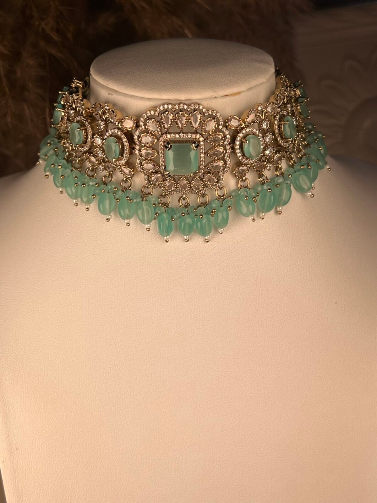 Designer Victorian multi-stone necklace set – South Asian jewelry – top view
