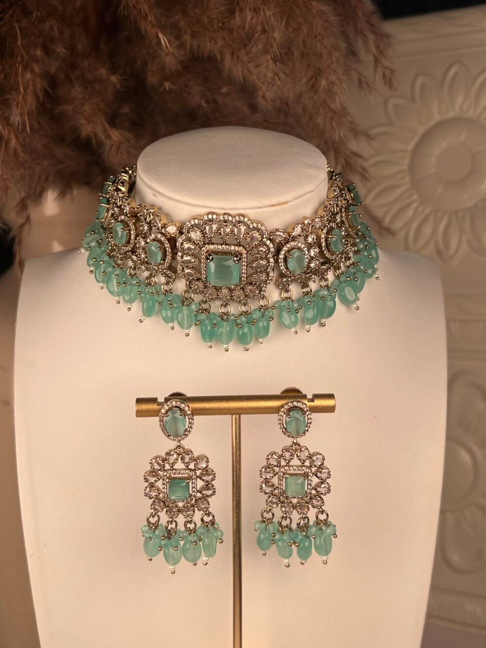 Designer Victorian multi-stone necklace set – South Asian jewelry – top view