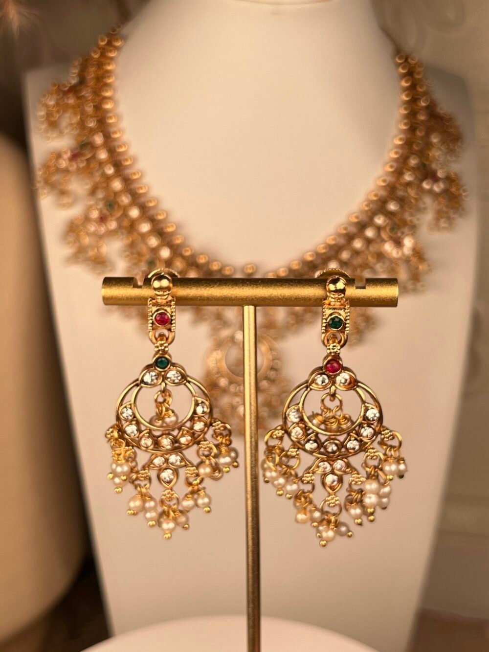 Multi-Stone Multicolored South Asian necklace set – bridal accessory with Kundan stones – top view