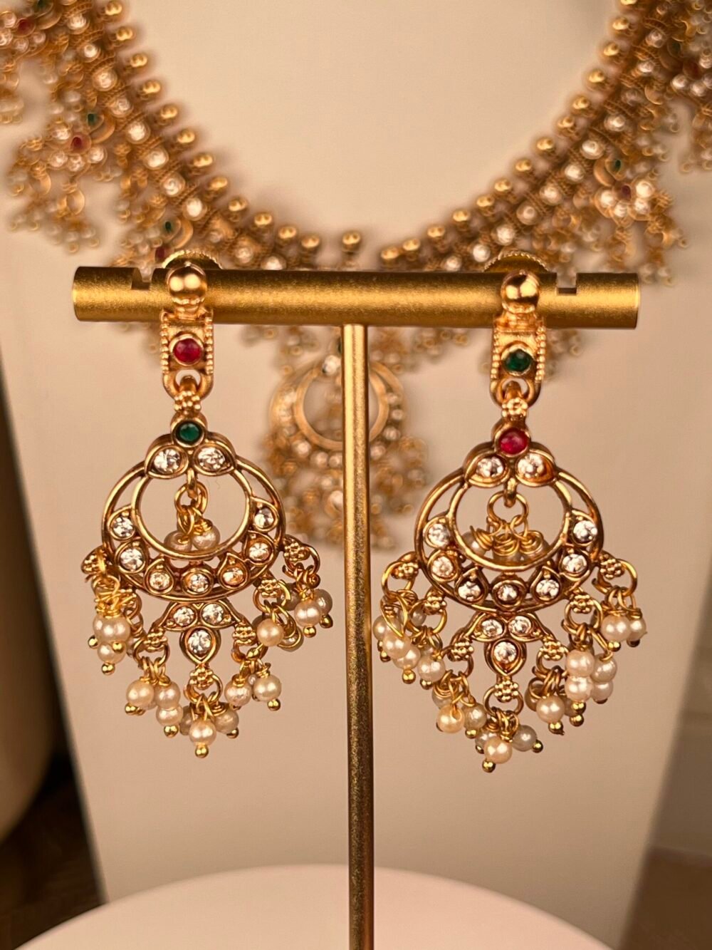 Multi-Stone Multicolored South Asian necklace set – bridal accessory with Kundan stones – top view