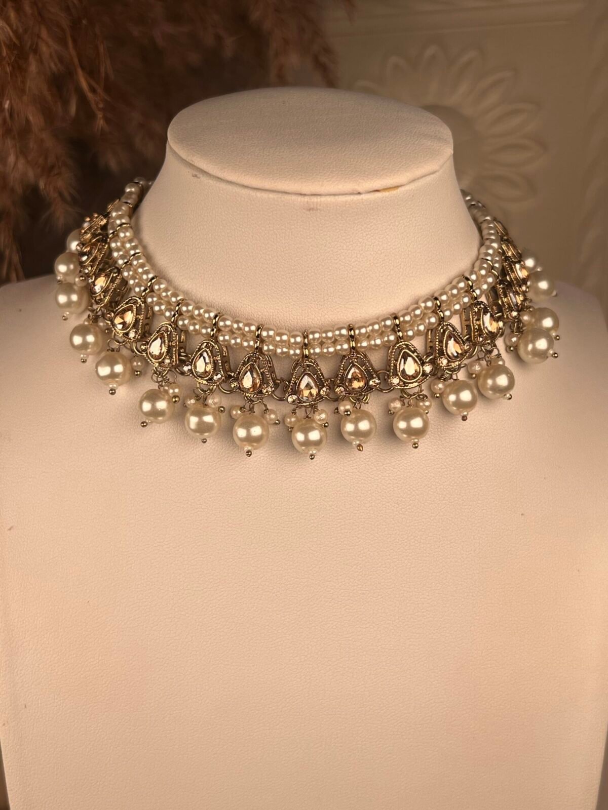 Pearl and Gold necklace set – affordable bridal jewelry – front view, Kundan jhumkas – affordable South Asian jewelry – wedding collection – front view