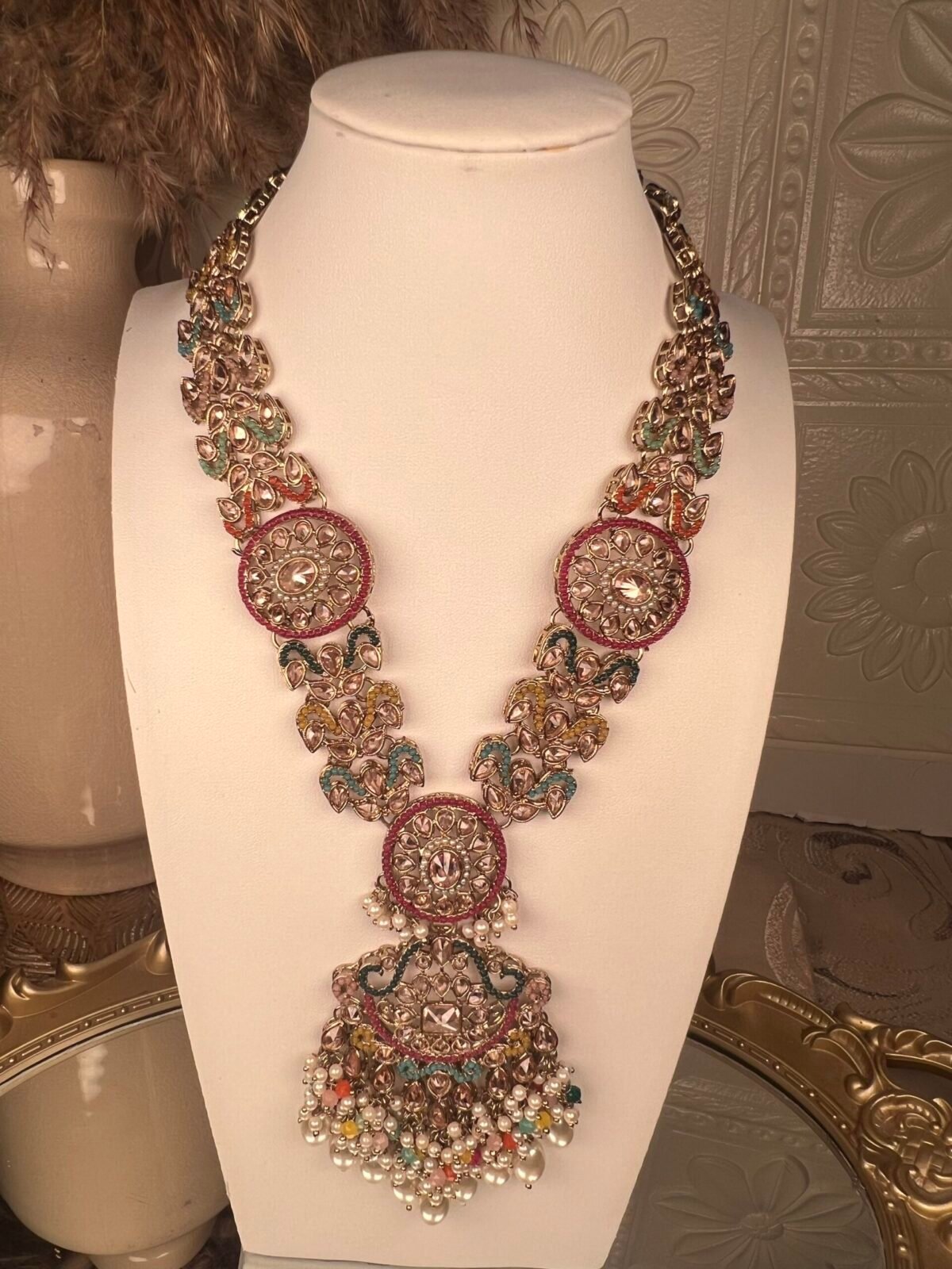 Multi-Stone Multicolored South Asian necklace set – bridal accessory with Kundan stones – top view