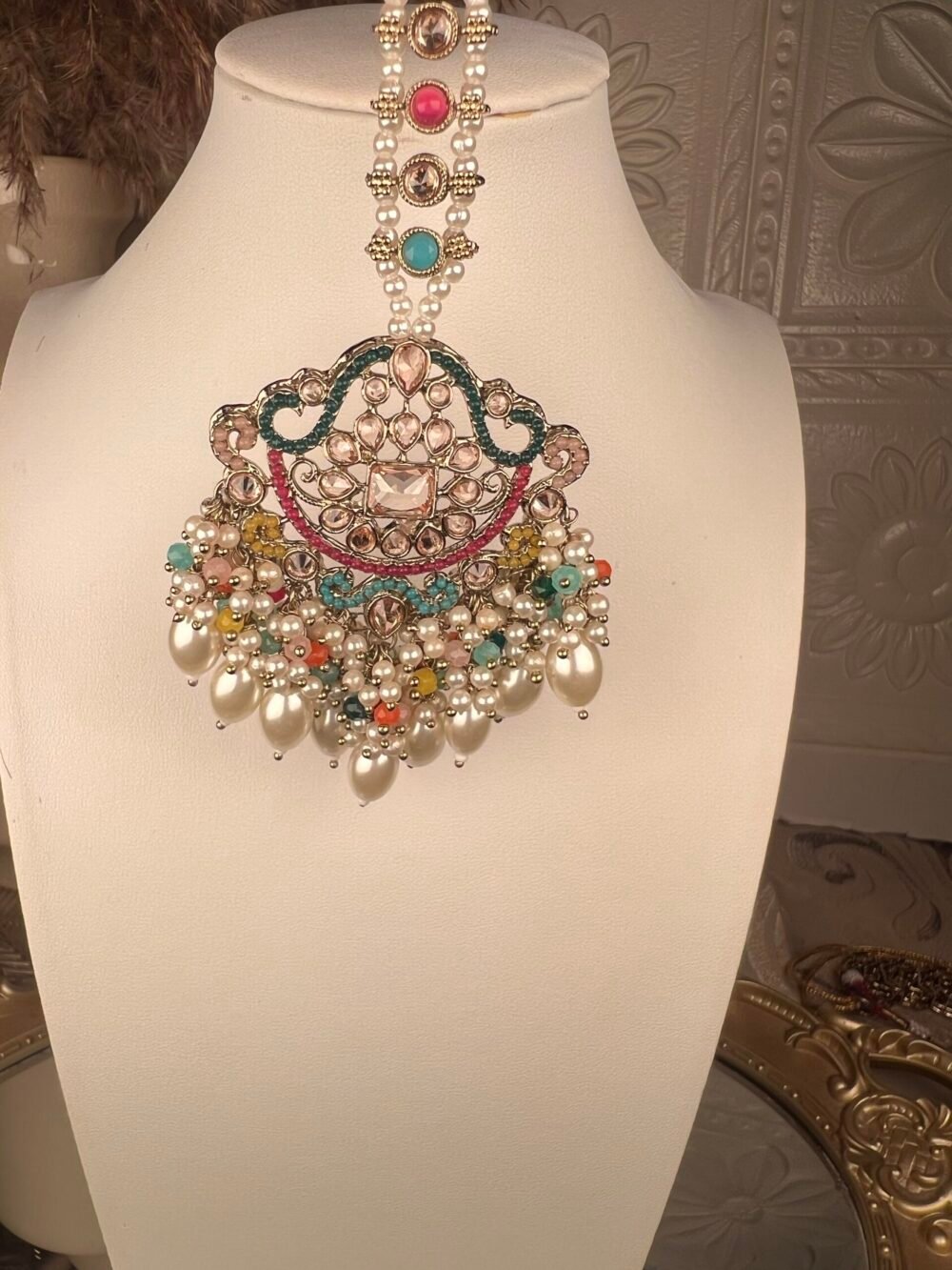 Multi-Stone Multicolored South Asian necklace set – bridal accessory with Kundan stones – top view