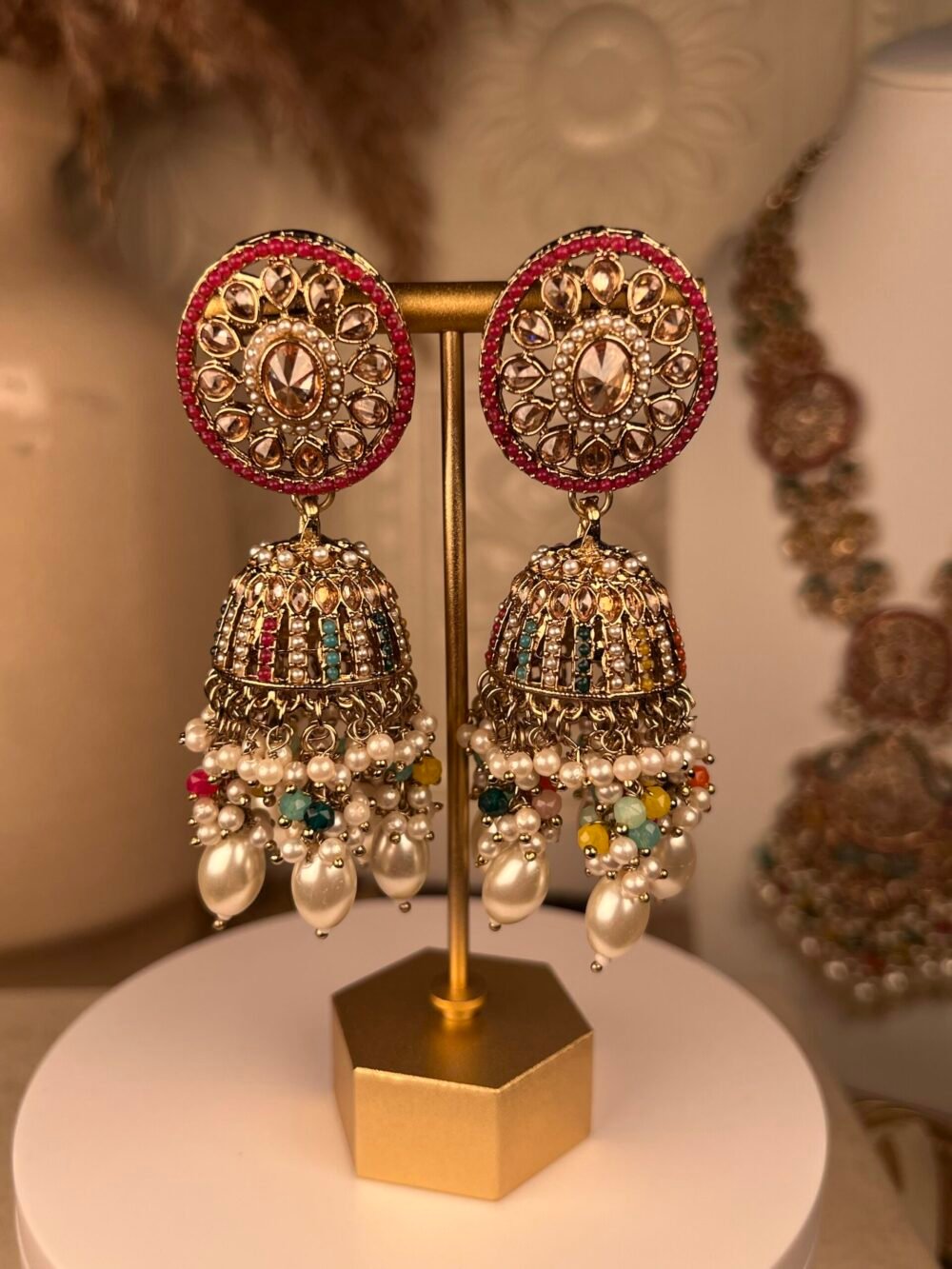Multi-Stone Multicolored South Asian necklace set – bridal accessory with Kundan stones – top view