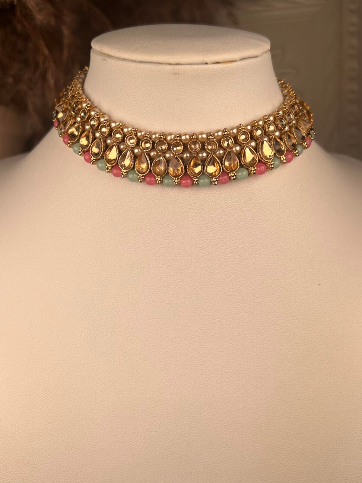 Gold & Pearl Polki Jhumkas – Multicolored – South Asian jewelry – Wedding accessory,Gold Polki Bridal Necklace Set – Multicolored – South Asian jewelry – Top view, Kundan Polki Necklace with Earrings – Multicolored – South Asian jewelry – Side angle, Rose Gold Earrings – South Asian jewelry – Traditional design Rose Gold Earrings – South Asian jewelry – Close-up angle