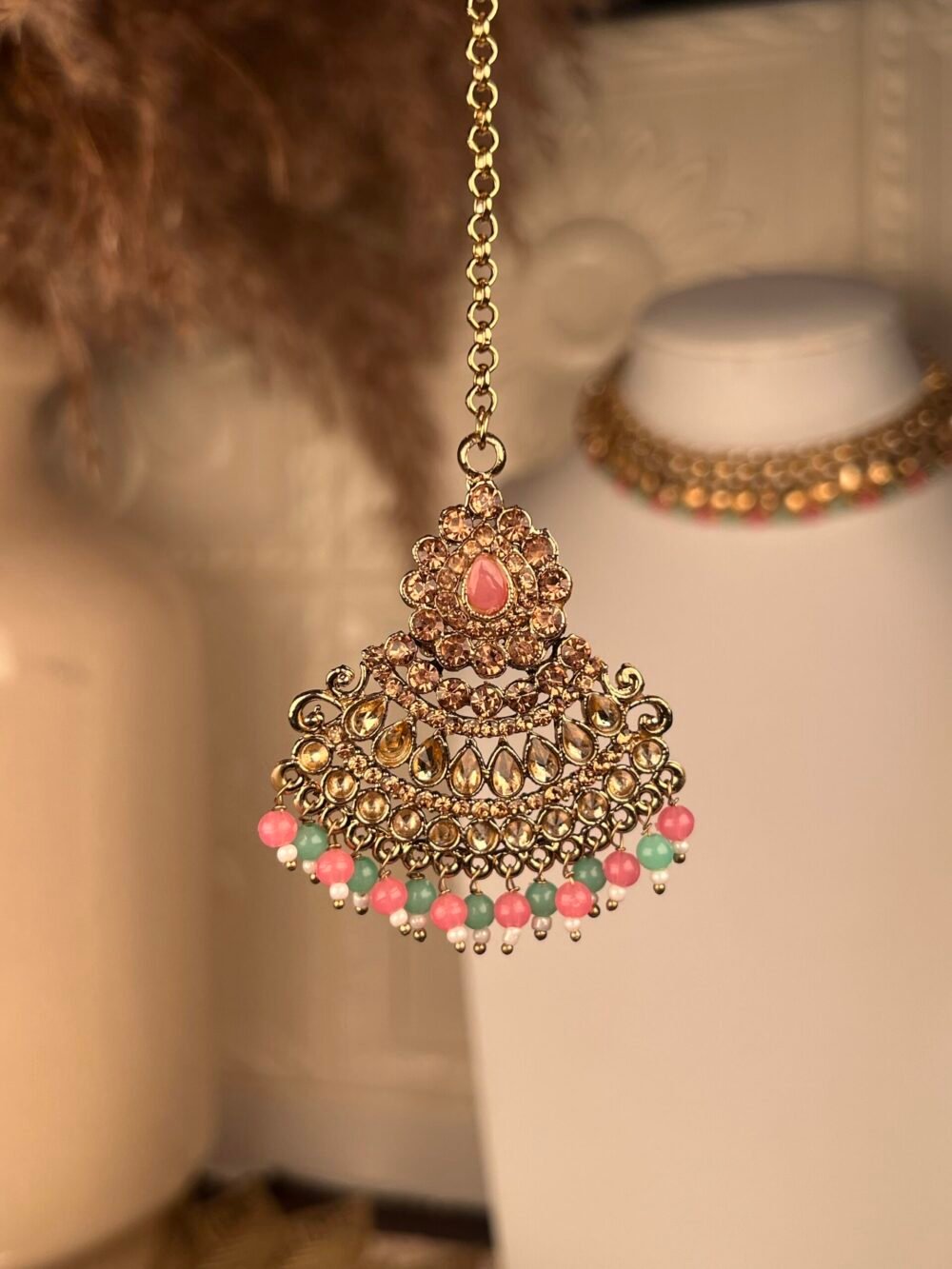 Gold & Pearl Polki Jhumkas – Multicolored – South Asian jewelry – Wedding accessory,Gold Polki Bridal Necklace Set – Multicolored – South Asian jewelry – Top view, Kundan Polki Necklace with Earrings – Multicolored – South Asian jewelry – Side angle, Rose Gold Earrings – South Asian jewelry – Traditional design Rose Gold Earrings – South Asian jewelry – Close-up angle