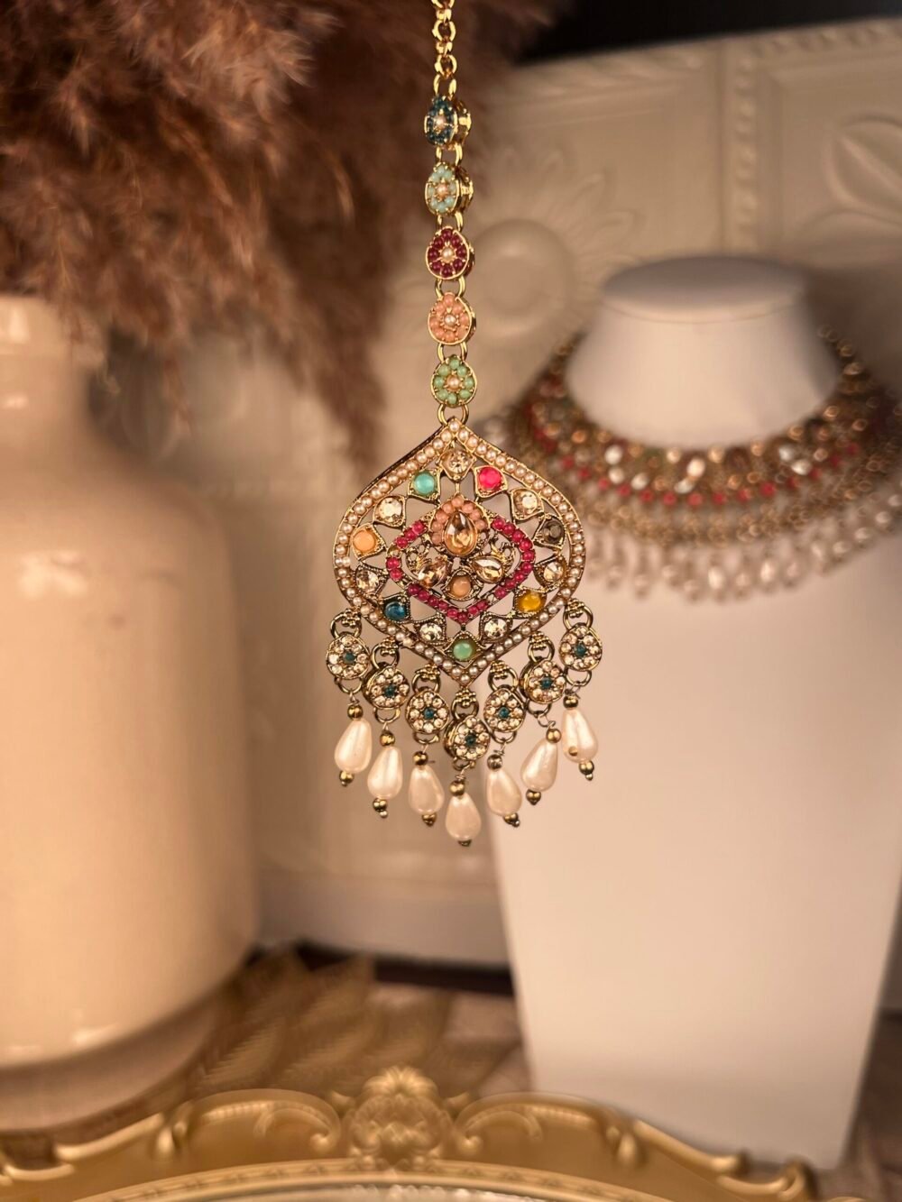 Gold & Pearl Polki Jhumkas – Multicolored – South Asian jewelry – Wedding accessory,Gold Polki Bridal Necklace Set – Multicolored – South Asian jewelry – Top view, Kundan Polki Necklace with Earrings – Multicolored – South Asian jewelry – Side angle, Rose Gold Earrings – South Asian jewelry – Traditional design Rose Gold Earrings – South Asian jewelry – Close-up angle