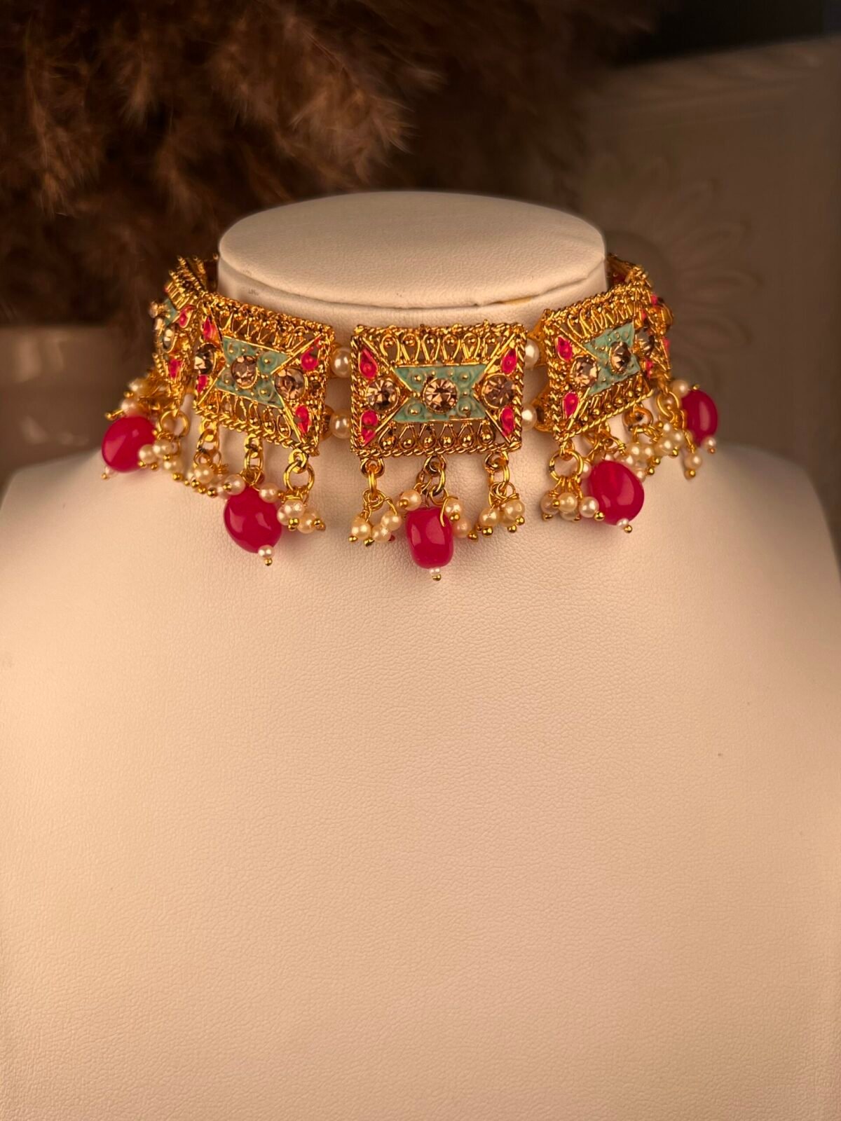 Gold & Pearl Polki Jhumkas – Multicolored – South Asian jewelry – Wedding accessory,Gold Polki Bridal Necklace Set – Multicolored – South Asian jewelry – Top view, Kundan Polki Necklace with Earrings – Multicolored – South Asian jewelry – Side angle, Rose Gold Earrings – South Asian jewelry – Traditional design Rose Gold Earrings – South Asian jewelry – Close-up angle