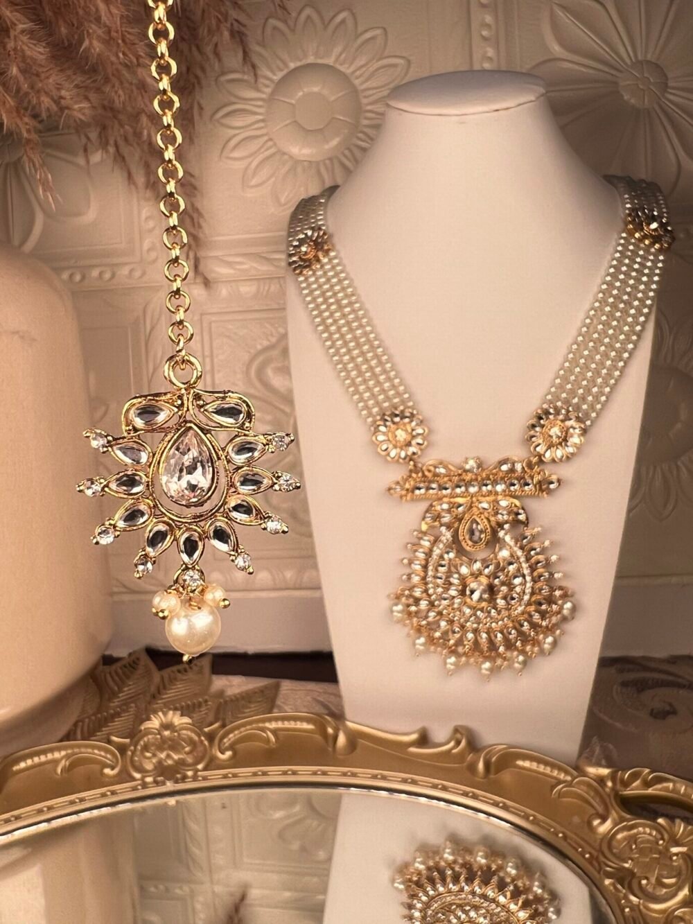 Pearl and Gold necklace set – affordable bridal jewelry – front view, Kundan jhumkas – affordable South Asian jewelry – wedding collection – front view