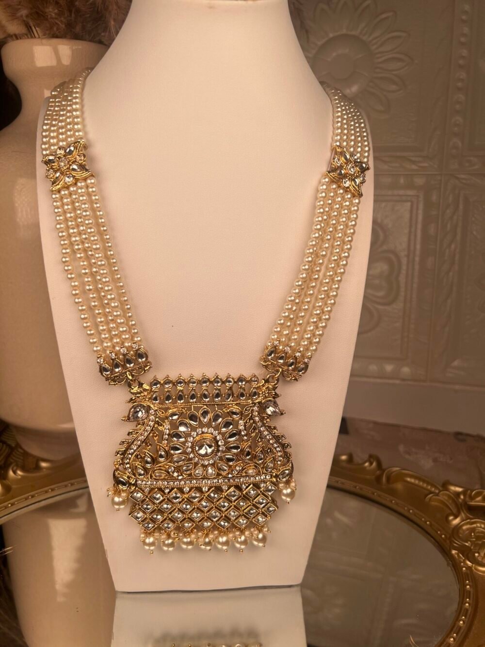 Pearl and Gold necklace set – affordable bridal jewelry – front view, Kundan jhumkas – affordable South Asian jewelry – wedding collection – front view