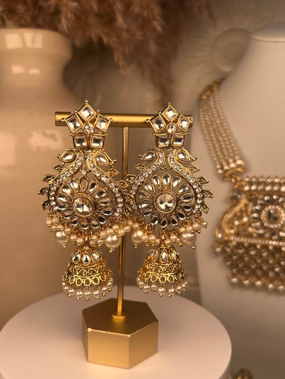 Pearl and Gold necklace set – affordable bridal jewelry – front view, Kundan jhumkas – affordable South Asian jewelry – wedding collection – front view