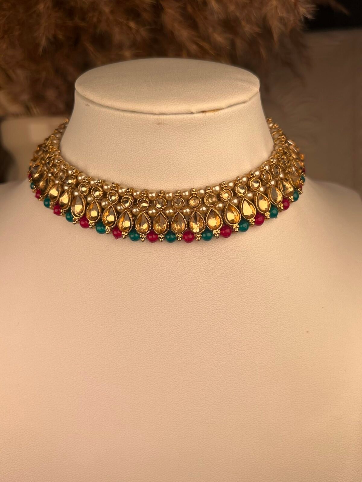 Pearl and Gold necklace set – affordable bridal jewelry – front view, Kundan jhumkas – affordable South Asian jewelry – wedding collection – front view