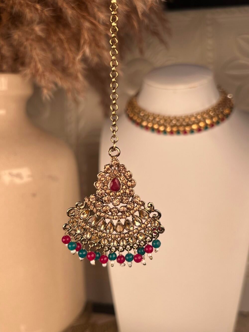Pearl and Gold necklace set – affordable bridal jewelry – front view, Kundan jhumkas – affordable South Asian jewelry – wedding collection – front view