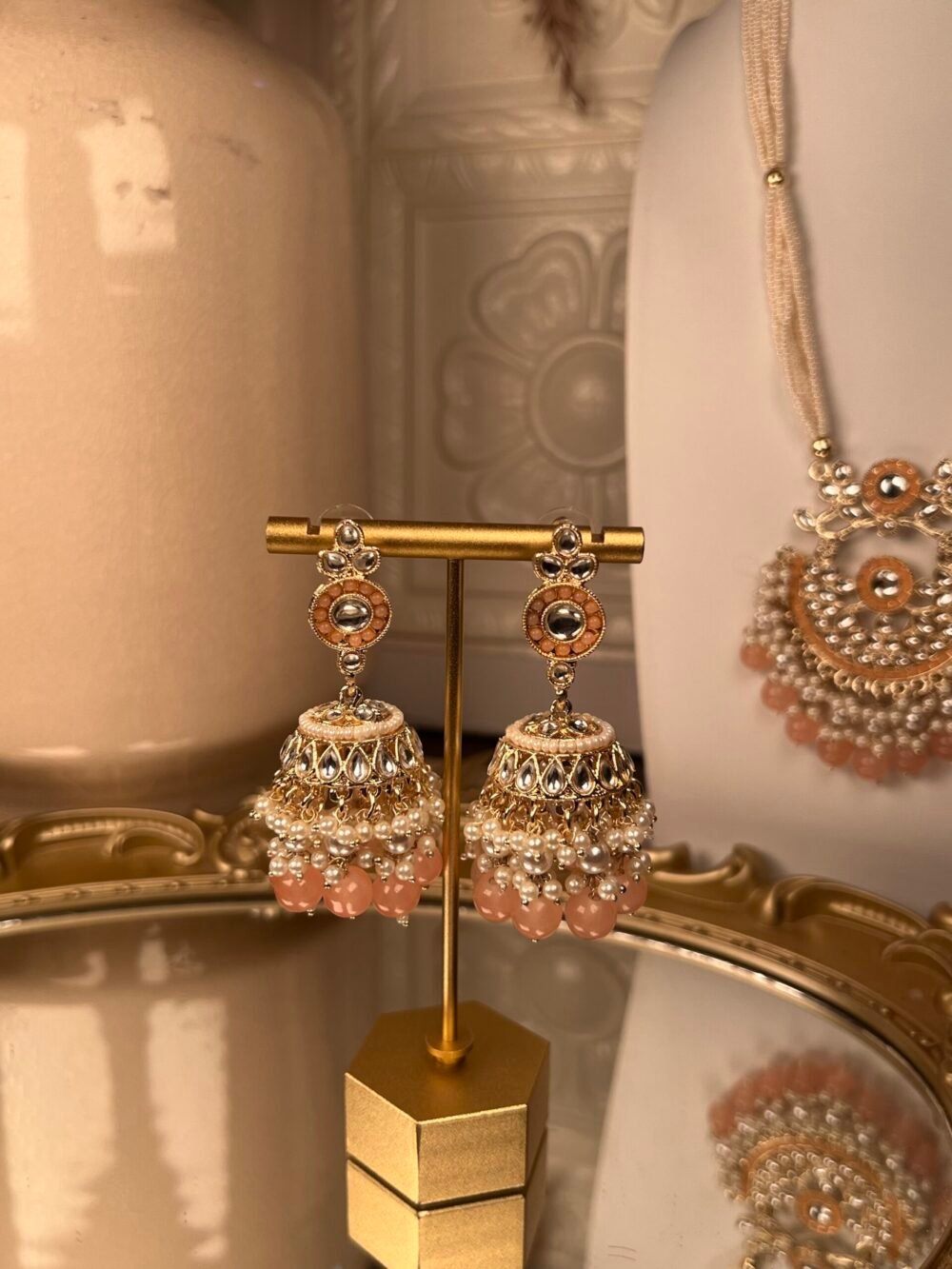 pink and Gold Mirror-Worked Necklace Set – South Asian jewelry – Traditional design